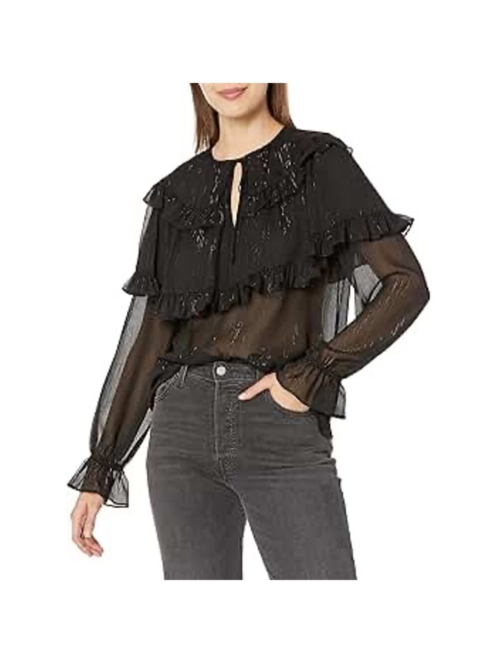 BCBGMaxAzria Sheer Ruffle Chiffon Blouse M NWT Black Edgy Designer Luxe